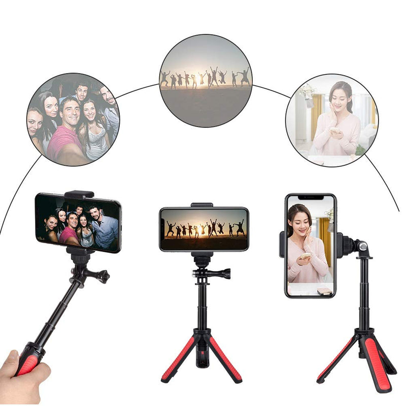 Taisioner Mini Selfie Stick Tripod Kit Two in One for GoPro AKASO Action Camera and Cell Phone Accessories Red