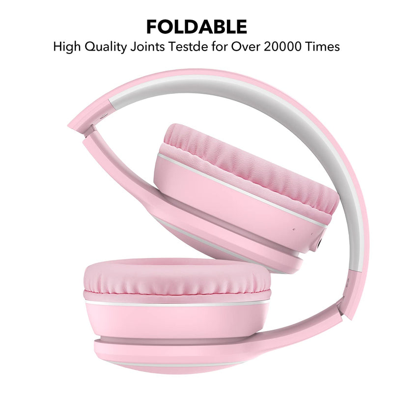 RORSOU B10 Bluetooth Headphones Over Ear, Lightweight Folding Stereo Bass Wireless and Wired Headset with Mic, 50H Playtime, Volume Control, Bluetooth 5.3 Headphones for iPad/Travel/Tablet/PC (Pink) Pink