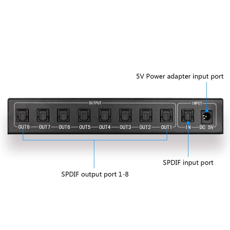 HDSUNWSTD SPDIF/TOSLINK Digital Optical Audio Splitter 1x8 Audio Amplifier Amplificador with Power Adapter