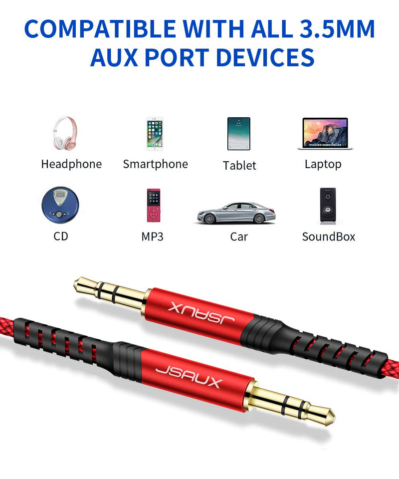 JSAUX AUX Cable, [4ft/2Pack- Copper Shell, Hi-Fi Sound] 3.5mm TRS Auxiliary Audio Cable Nylon Braided Aux Cord Compatible for Car/Home Stereos,Speaker,Headphones,Sony,Echo Dot,Beats - Red 2m