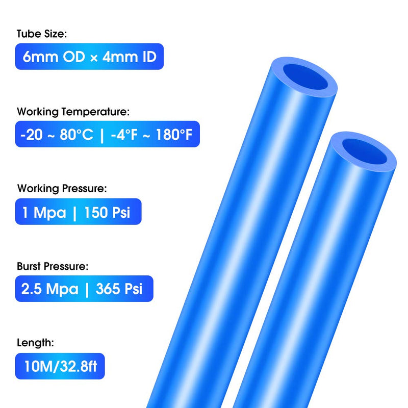 TAILONZ PNEUMATIC Blue 6mm OD 4mm ID Polyurethane PU Air Hose Pipe Tube Kit 10 Meter 32.8ft 6mm OD/32.8Ft/10Meter 1