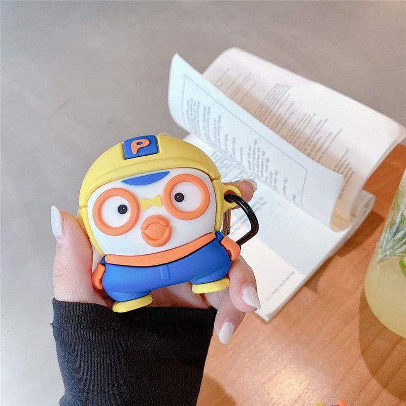 TOUBN Wireless Charging Earphone Case, 3D Cute Cartoon Glasses Penguin Airpods Skin, Soft Silicone Shockproof Waterproof Cover Compatible with Airpods 1/2, Creative Airpods Protector With Keychain Airpods 1, 2 Yellow Glasses Peiguin