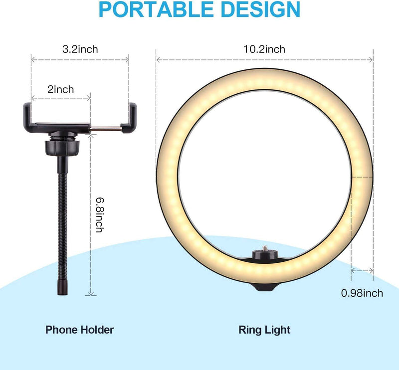 10" LED Ring Light with Tripod Stand & Phone Holder for YouTube Video, Live Streaming, Makeup,Photography, Shooting with 3 Light Modes & 10 Brightness Level Dimmable Tabletop Led Ring Light for Live