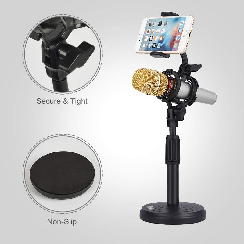 [AUSTRALIA] - Desktop Microphone Stand with Cell Phone Holder, Adjustable Tabletop mic Stand with Shock Mount and Round Base for Recording Podcasting and Live Streaming. B1 