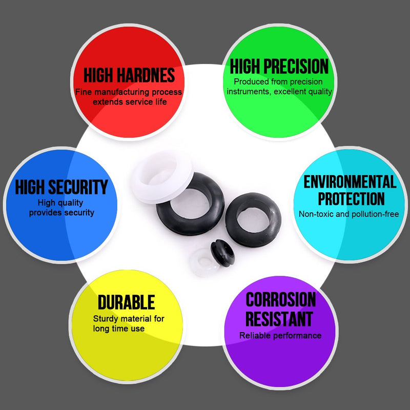 Glarks 200Pcs 9 Sizes Black/White Round Rubber Grommet Assortment Kit Electrical Wiring Coil Gasket for Plugs Cables Wires