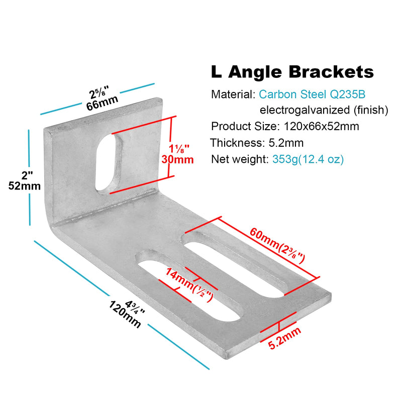 2 Pack 4-3/4 Inches Heavy Duty L Right Angle Brackets, Steel Thickness 5.2mm, Adjustable Bolt Slotted Corner Braces Countertop Support, Accept 1/2" Bolt