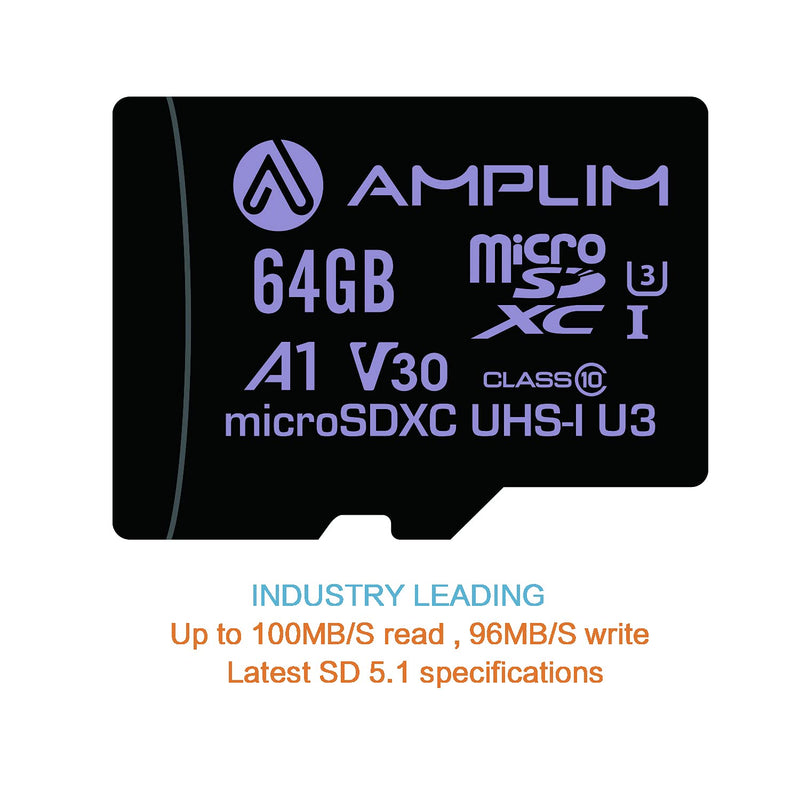 Amplim 64GB Micro SD Card, Extreme High Speed MicroSD Memory Plus Adapter, MicroSDXC SDXC U3 Class 10 V30 UHS-I TF Nintendo-Switch, Go Pro Hero, Surface, Phone Galaxy, Camera Security Cam, Tablet Purple 64GB