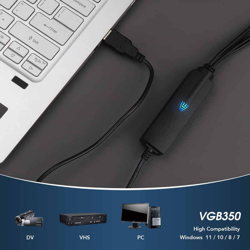 August USB Video Capture Card Grabber VGB350 - Transfer VHS Mini DV Hi8 DVD to Computer for Windows 11,10,8,7, Composite S-Video, PAL/NTSC/SECAM, Convert Video from VCR & Camcorder