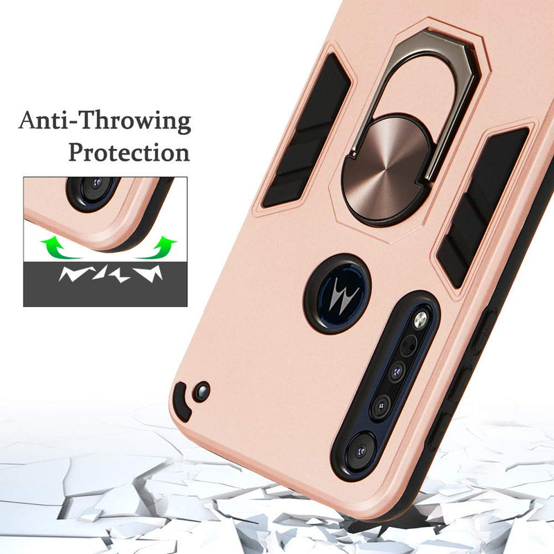 Compatible with Motorola Moto G8 Play Case, One Macro Cover Military Grade Phone Case with 360 Degree Rotating Holder Kickstand Support Magnetic Car Mount Rose Gold Moto G8 Play/One Macro