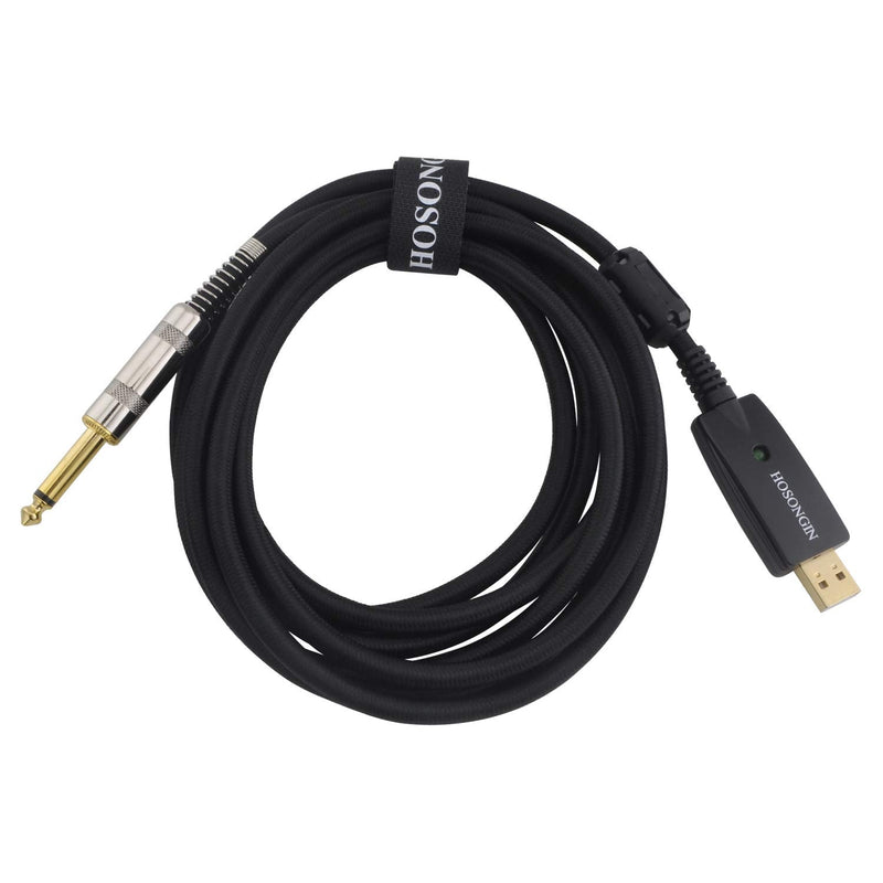 USB Guitar Cable 10Ft, HOSONGIN 1/4 Inch TS Mono Gold-Plated Plug to USB Male Gold-Plated Plug, Nylon Braid Electric Guitar Cable Black Nylon - 10Feet