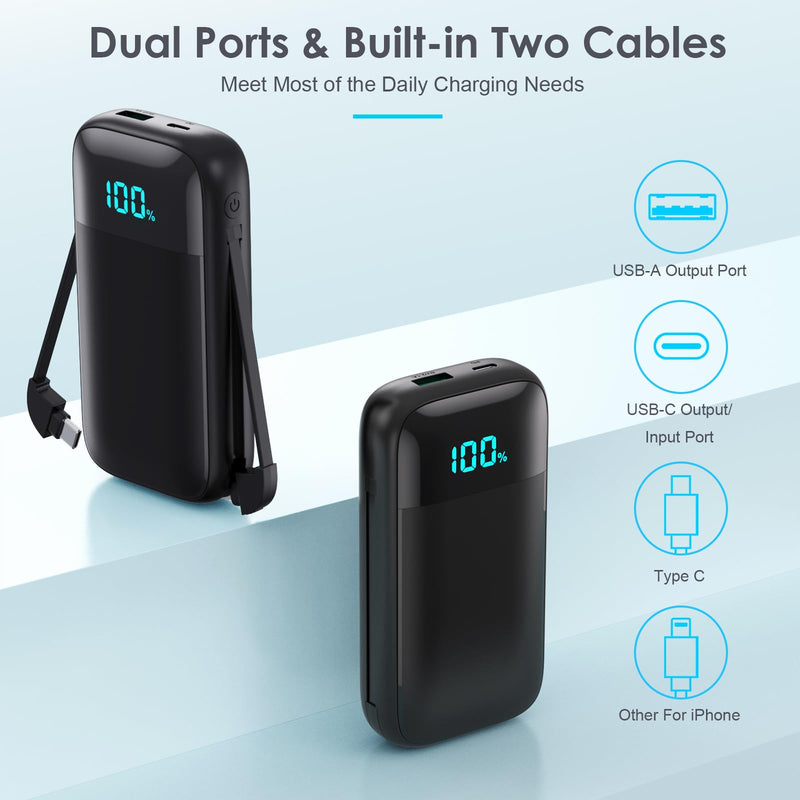 [AUSTRALIA] - Small Portable Charger with Built in Cables, Ultra-Compact 13800mAh PD Fast Charging USB C Power Bank, 4 Output LCD Display Battery Pack Phone Charger Compatible with All iPhone,Samsung,Android Phone Black 