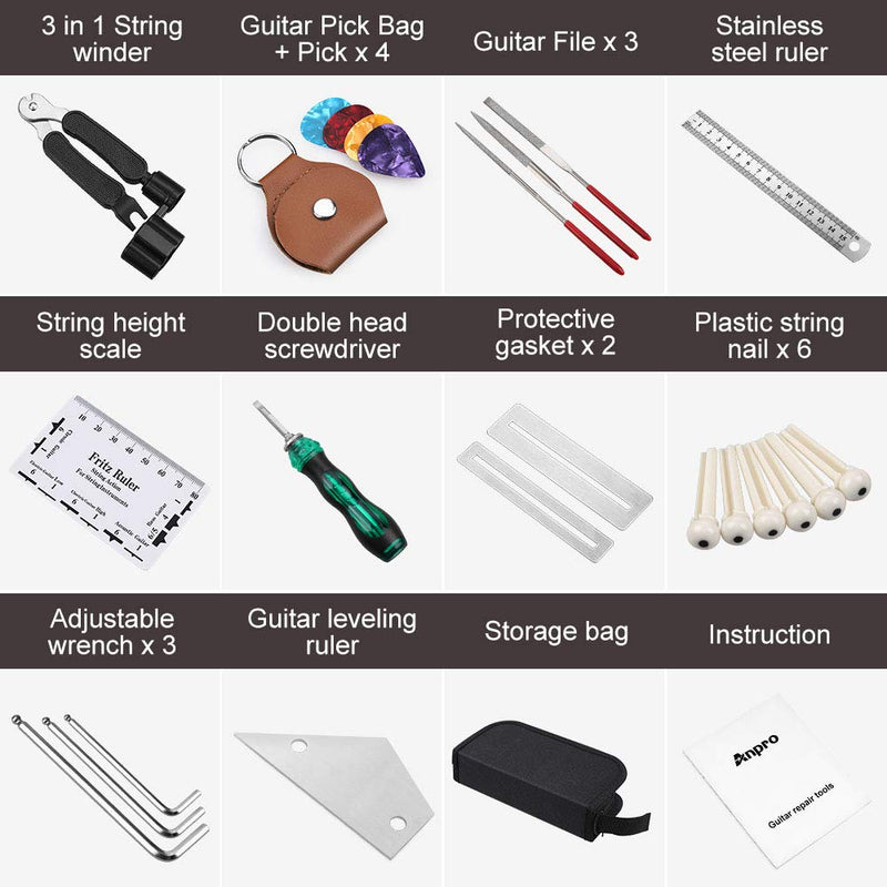 Anpro Guitar Repairing Tool Kit 26Pcs with Carry Bag for Guitar Ukulele Bass Mandolin Banjo