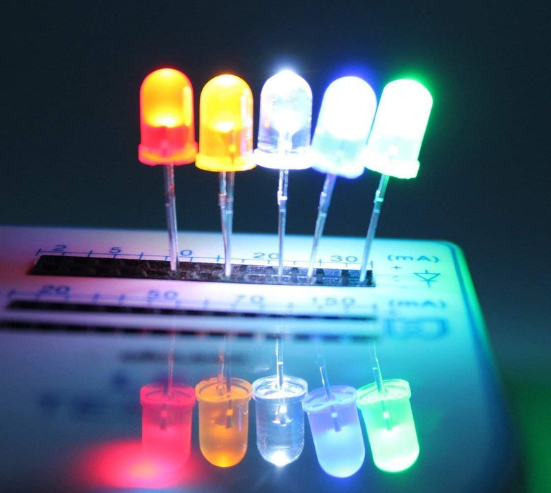 DiCUNO 200pcs(5 Colors x 40pcs) 5mm Bi-pin LED Light Emitting Diode Round Assorted Color White/Red/Yellow/Green/Blue Kit Box