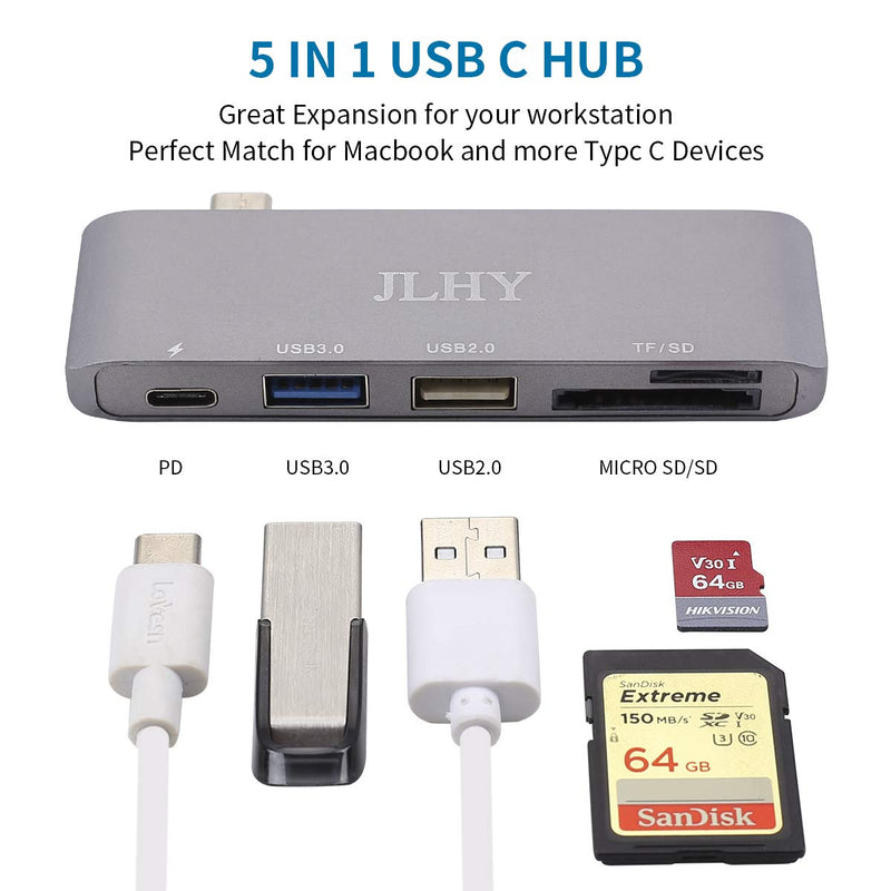 USB C Hub Adapter,5 in 1 Aluminum Premium Type C Hub with USB 3.0 Port,USB 2.0 Port,USB-C Power Delivery Port,SD/TF Card Reader,Portable Hub for MacBook Pro/Air,Chromebook,XPS and More Type C Devices