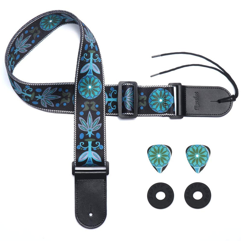 Eyeshot Guitar Strap Adjustable Soft Guitar Strap with Genuine Leather End, Acoustic Electric Bass Guitar Strap with Strap Locks & Strap Picks Blue Flower