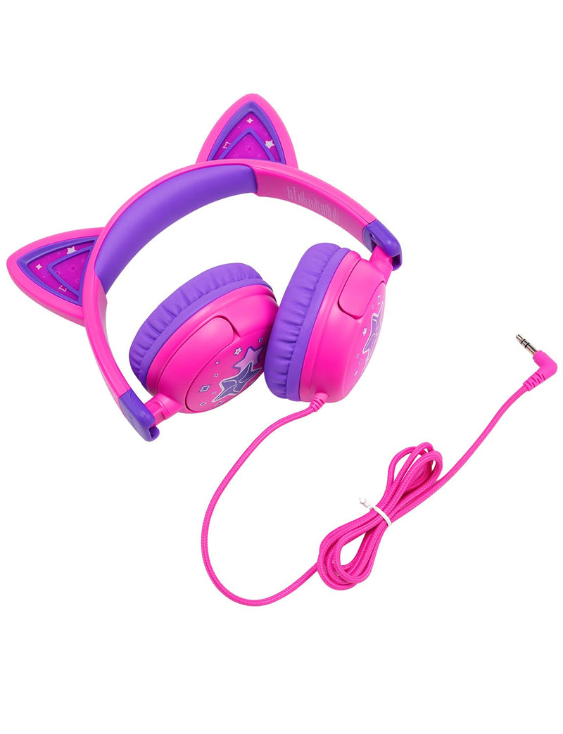 [AUSTRALIA] - iClever Kids Headphones Cat Ear, LED Light Up, 85dBA Safe Volume, Stereo Sound Toddler Headphones for Travel School, Foldable 3.5mm Wired Kids Headphones for iPad Tablets, Meow Lollipop-Hot Pink Hot Pink 