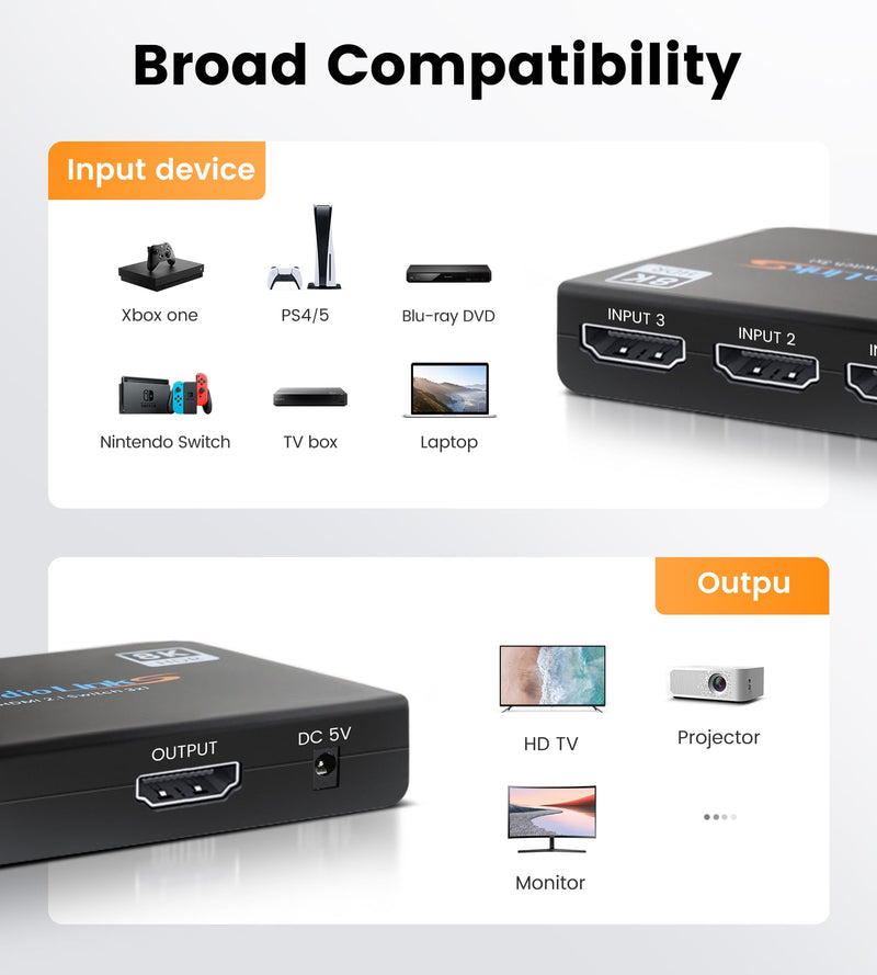 avedio links HDMI Switch 4K@120Hz, HDMI2.1 Switch 3 in 1 Out with Remote, 8K@60Hz HDMI Switch Selector Box, Support 48Gbps, HDCP 2.3, HDR 10+, 1080P@240Hz for Xbox PS5 Roku