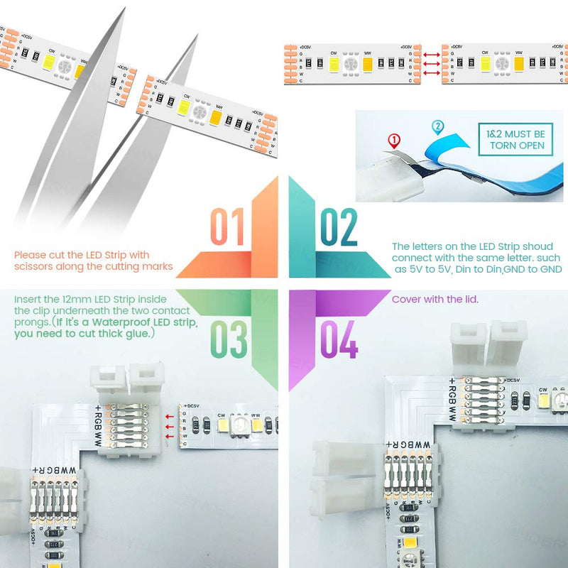 [AUSTRALIA] - GIDERWEL RGBWW 6 Pins LED Strip Connectors L Shape,6 Pack LED Strip Light 12mm Right Angle Corner Solderless Connector LED Connection for Philips Hue Lightstrip Plus/RGBCCT LED Strip 