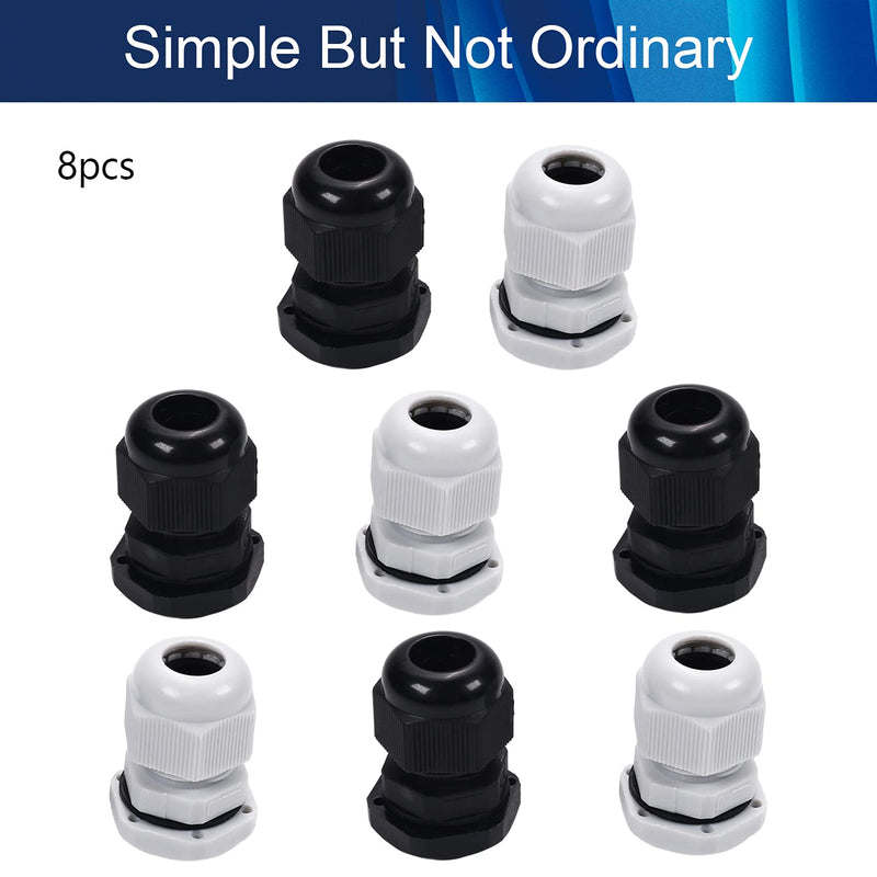 Fielect 8Pcs Waterproof PG9 Cable Gland Plastic Cable Glands Joints Adjustable Connector Black/White for 4-8mm Dia Cable