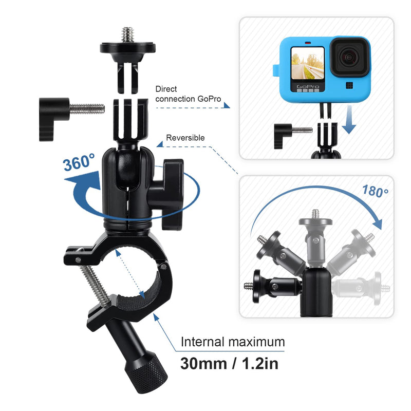 YUSEN 0.75-1.2inch Handlebar/Seatpost/Pole Mount with 1/4&360° Rotation,Perfect All-Aluminum Bike/Motorcycle Handlebars for Go Pro Hero 10/9/8/7/6/5/4/3/2,DJI Osmo Action AKASO (Black)