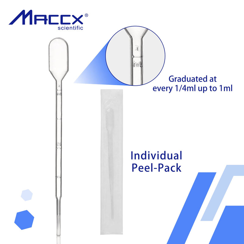Maccx 100pcs Sterile Transfer Pipettes, Vol. 3ml, 1ml Graduated, 140mm Long, Essential Oils Pipettes, Low-Density Polyethylene Material, Individual Peel-Pack, TPP3140-100 Vol.3ml