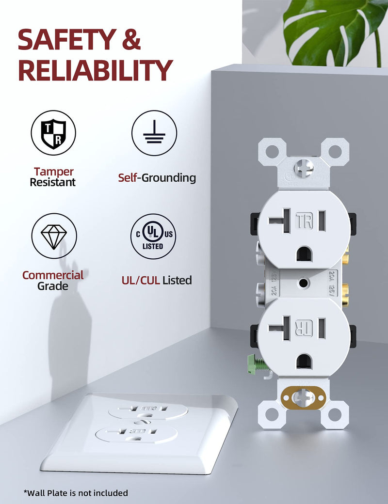AIDA Duplex Electrical Receptacle Outlets, 20Amp 125V Wall Outlet, Residential, TR, 3-Wire, Self-Grounding, UL Listed, Push & Side Wire, White (10 Pack)