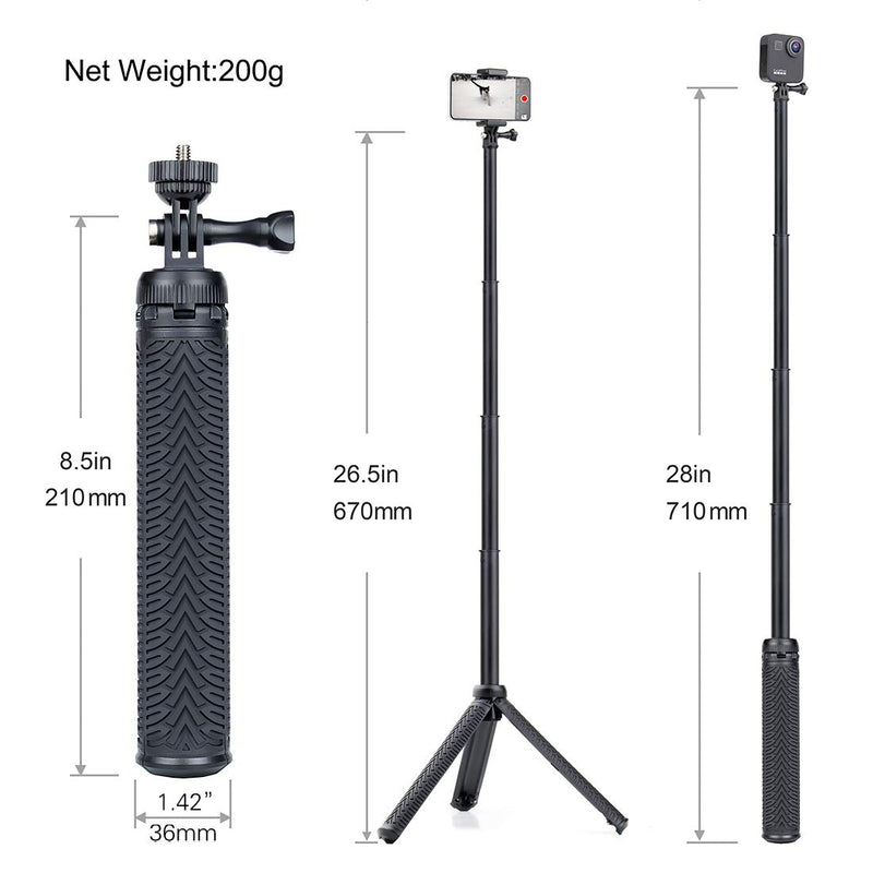 GEPULY Extendable Selfie Stick with Tripod Stand for GoPro Hero 8 7 6 5 4 3 Session Fusion Max, OSMO Action, AKASO, SJCAM, Cell Phones. Functions as Hand Grip, Telescoping Monopod Pole, Tripod Stand