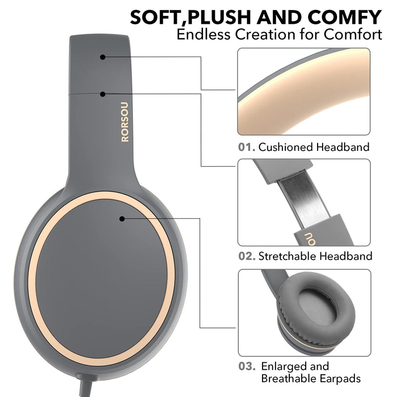 RORSOU R10 On-Ear Headphones with Microphone, Lightweight Folding Stereo Bass Headphones with 1.5M No-Tangle Cord, Portable Wired Headphones for Smartphone Tablet Computer MP3 / 4 (Grey) Grey