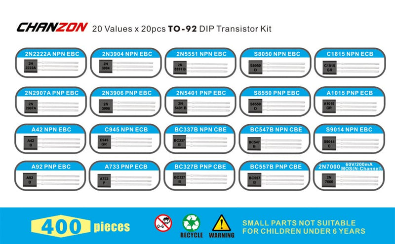 Chanzon 20 Values 400pcs Transistor Kit TO-92 Including (2N2222A 2N2907A 2N3904 2N3906 2N5551 2N5401 S8050 S8550 A1015 C1815 A42 A92 A733 C945 S9014 BC327B BC337B BC547B BC557B 2N7000) Each 20pcs