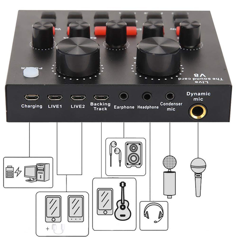 [AUSTRALIA] - ALPOWL Mini Sound Mixer Board,Live Sound Card for Live Streaming, Voice Changer Sound Card with Multiple Sound Effects, Audio Mixer for Music Recording Karaoke Singing Broadcast on Cell Phone (Black) Black 