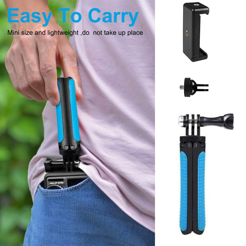 Mini Selfie Stick Tripod Kit 2-in-1, Compatible with Hero 9/8/7/6/5/MAX/OSMO/ACTION Action Cameras and Smartphones, 1/4 inch Screw Fixed, with 3-Level Telescopic Function Tripod（Blue） Blue