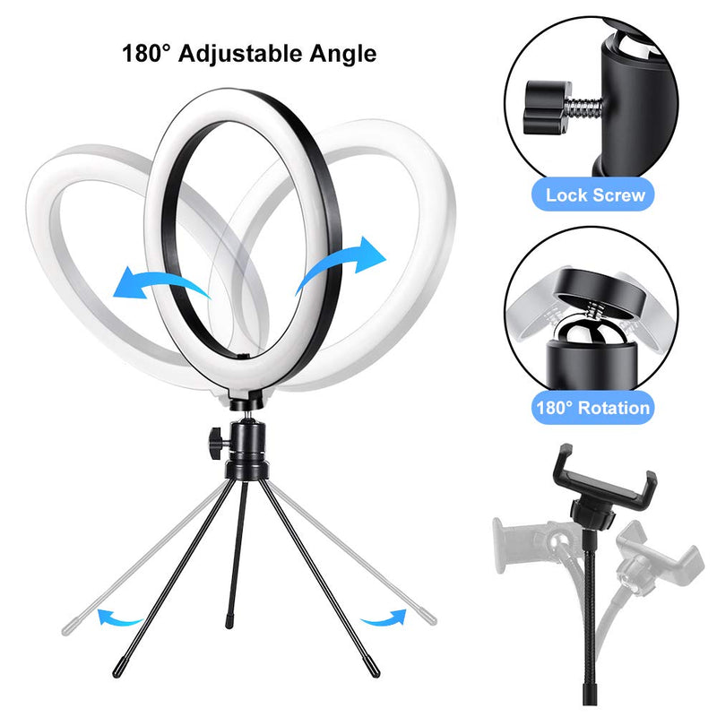 LED Ring Light 10" selfie with Tripod Stand & Phone Holder for Live Streaming & YouTube Video, Dimmable Desk Ring Light for Photography, Shooting with 3 Light Modes & 10 Brightness Level,Self-Portrait