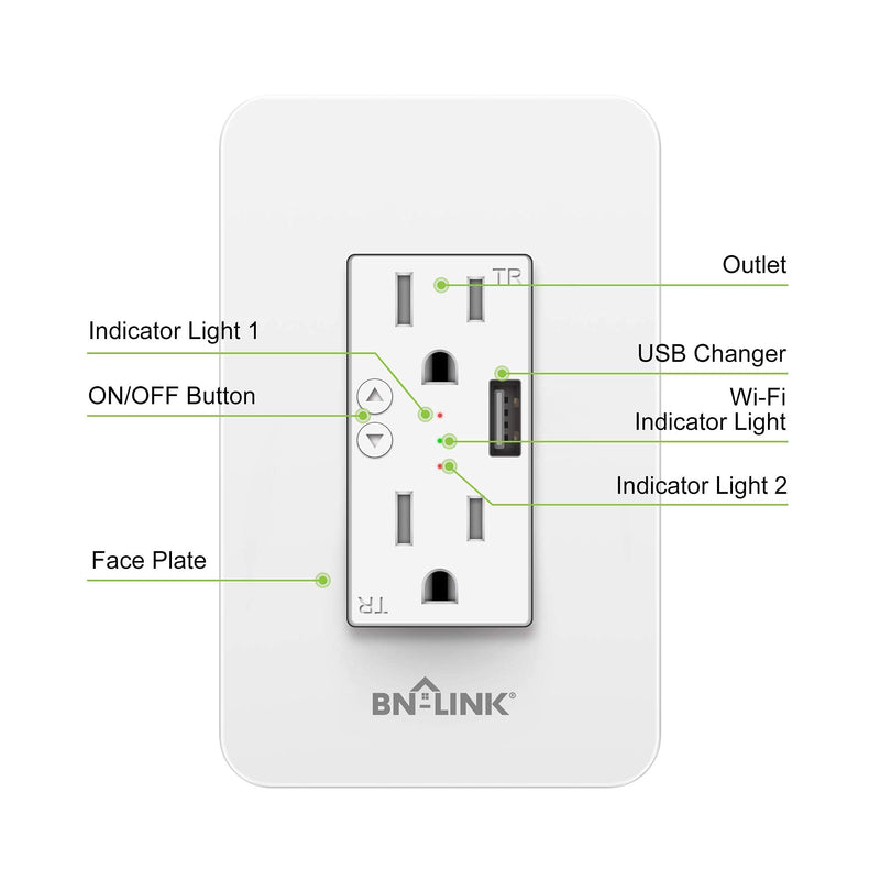 BN-LINK Electrical Outlet in-Wall Smart Wi-Fi Outlet with High Speed 2.1A USB Port - Compatible with Amazon Alexa and Google Assistant - Wireless and Voice Control