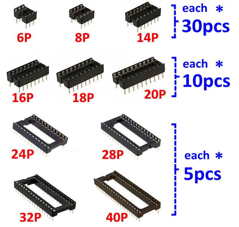 [Upgraded] MOONLIGHT IC Socket Kit 10 values 6 8 14 16 18 20 24 28 32 40Pin Total 140pcs Adapter Solder Type 2.54mm DIP for IC Transistor
