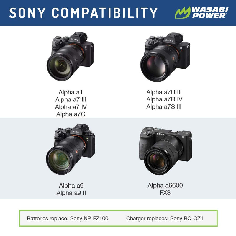 Wasabi Power Battery Charger for Sony NP-FZ100, BC-QZ1 and Sony FX3, a1, a9, a9 II, a7C, a7R III, a7R IV, a7S III, a7 III, a7 IV, a6600