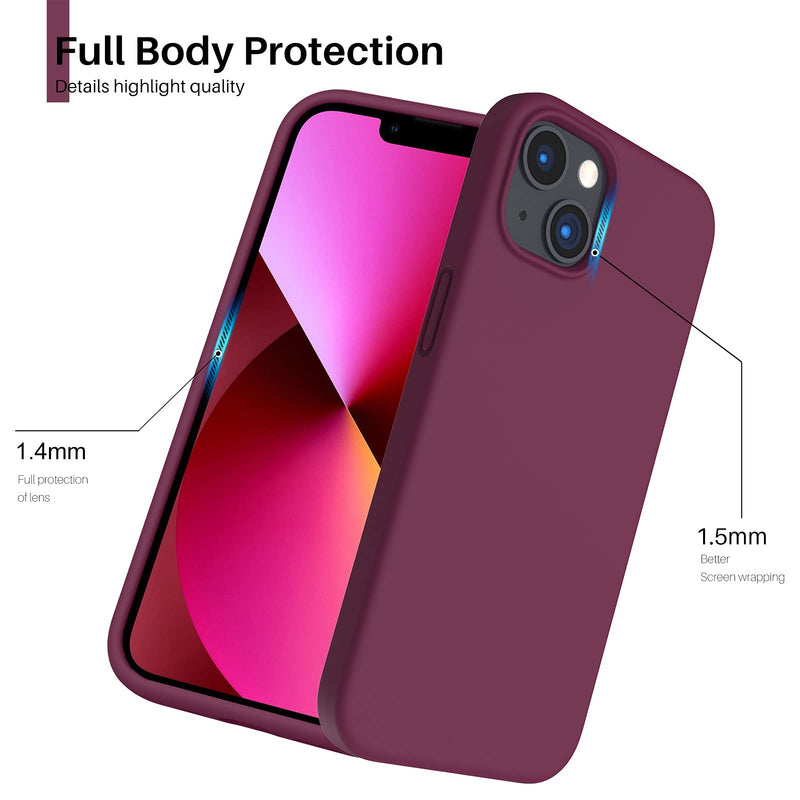 ORNARTO Shockproof Liquid Silicone Designed for iPhone 13 Case Gel Rubber Full Body Protection Anti-Shock Cover Case Drop Protection 6.1inch-WineRed Wine Red