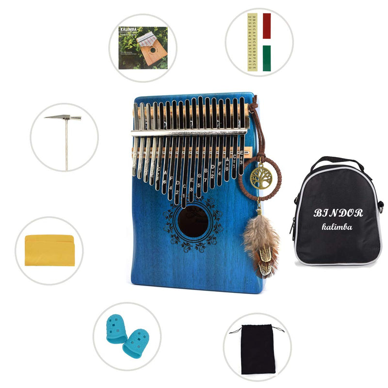 BinDor 17 Key Kalimba Thumb Piano, Finger Piano Mbira Kalimba Solid Mahogany Body Portable Easy-to-learn Musical Instrument with Tuning Hammer (Blue) Blue