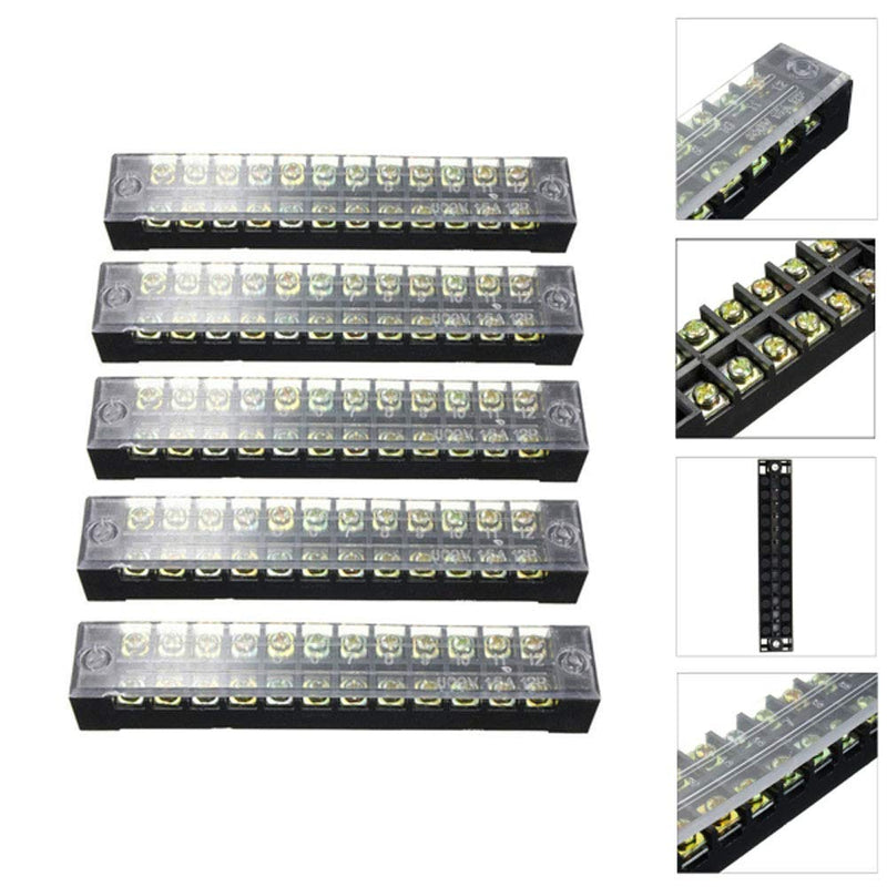 Summer-Home 5Pcs 15A 600V 12 Position Covered Dual Row Screw Terminal Barrier Strip Block Connector Bar