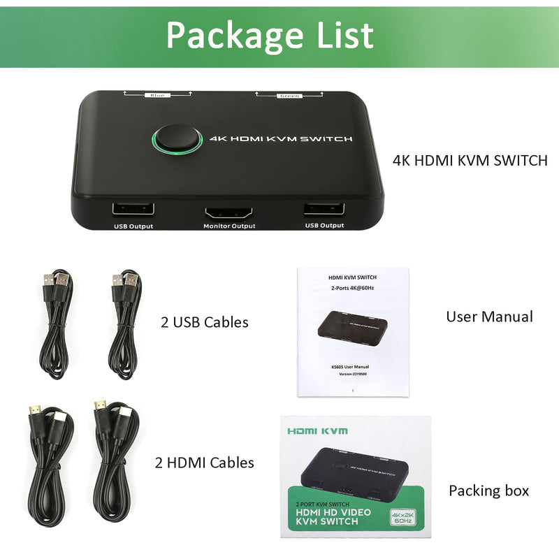[AUSTRALIA] - 4K@60Hz KVM Switch HDMI 2 Port, HDMI USB Switch for 2 PCs,Sharing Mouse, Keyboard and a Ultra HD Monitor, Including 2 HDMI Cables and 2 USB Cables 