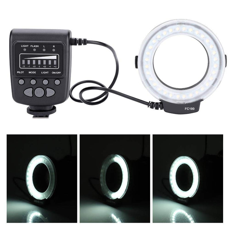 Serounder FC-100 Portable LED Macro Ring Flash 5500K Adjustment Brightness Speedlite Video Camera Fill Light Kit with 8 Adapters Ring and Controller for Canon/Nikon Camera