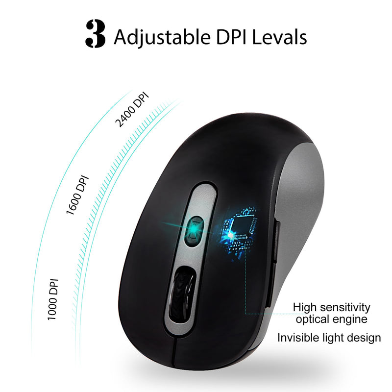 Wireless Mouse for Laptop, PC, Chromebook, Mac, MacBook, Silent Wireless Mouse with USB Nano Receiver, Side Button, 2400 DPI, Anti Slip Roller, 6 Button Ergonomics Cordless Computer Mice - Black Gray AT258-Black & Grey