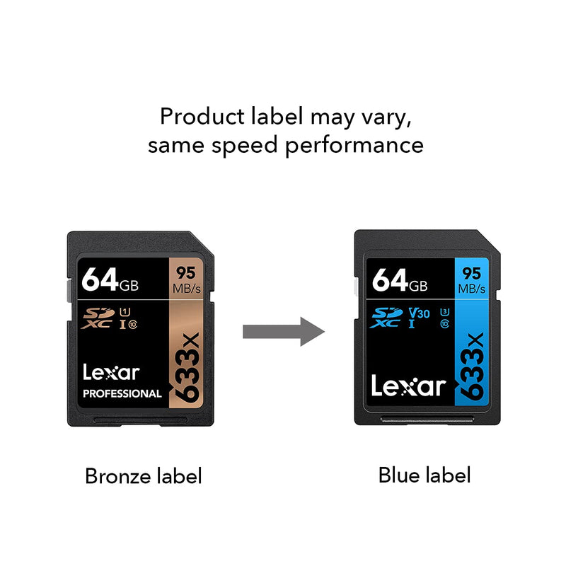 Lexar Professional 633x 64GB SDXC UHS-I Cards, Up To 95MB/s Read, for Mid-Range DSLR, HD Camcorder, 3D Cameras, LSD64GCB1NL633 (Product Label May Vary) Single