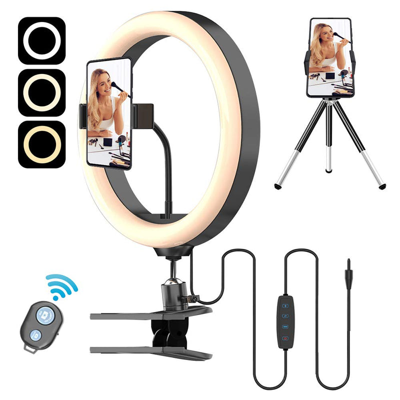 Desktop Ring Light 10.2'' with Clamp Mount,Selfie Tabletop Ringlighting for Desk Zoom Meeting,Webcam,Computer Monitor,Video Conferencing and Laptop Clip,Makeup Ringlight with Phone Stand Holder