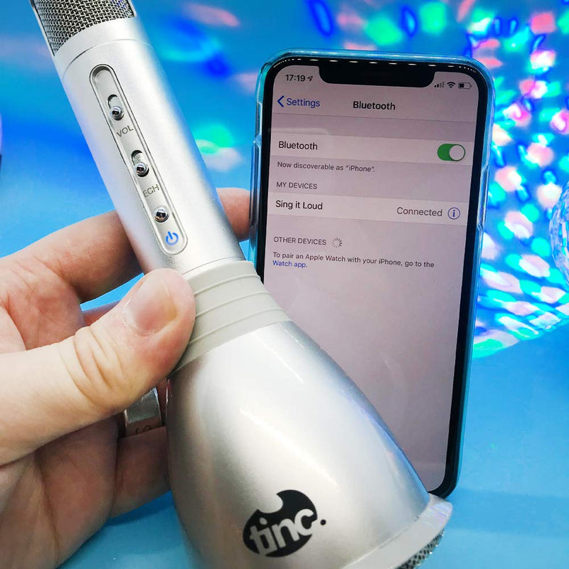 Tinc Sing it Loud! Rechargeable Microphone | Bluetooth Connectivity | Amplified Speaker and Echo effect | Micro USB Charging Cable | Audio Recording Cable - Silver