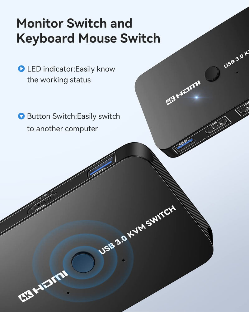 ABLEWE KVM Switch, Aluminum KVM Switch HDMI,USB Switch for 2 Computers Sharing Mouse Keyboard Printer to One HD Monitor, Support 4K@60Hz,2 HDMI Cables and 2 USB Cables Included(Black) Black