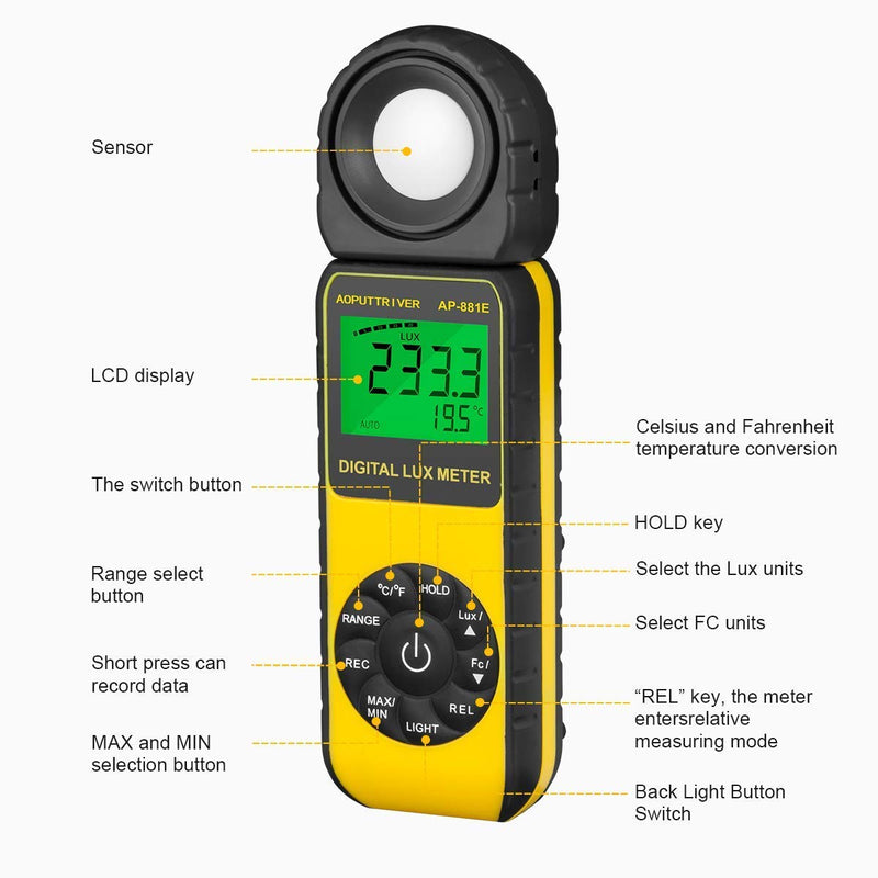 [AUSTRALIA] - Light Meter, lux Meter AP-881E Recording Light Meter for Plants with Display 3999(Range from 1～300,000Lux), Lux/Fc Unit, MAX/MIN, Back Light, Data Hold, Data Storage AP-881E(0.01~300,000 Lux) 
