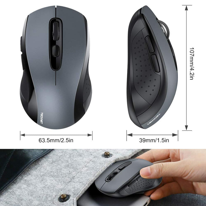 Wireless Mouse TECKNET 2.4G Optical Mouse with USB Nano Receiver for Notebook, PC, Laptop, Computer, 18 Month Battery Life, 3 Adjustable DPI Levels: 2000/1500/1000 DPI (Grey) Grey