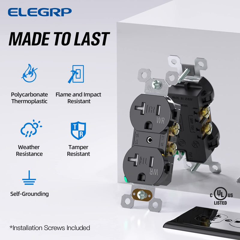 ELEGRP 20 Amp 125V Duplex Receptacle, Standard Electrical Wall Outlet, TR Tamper Resistant and WR Weather Resistant, 2 Pole 3 Wire, Self-Grounding, Residential Grade, UL Listed, Glossy Black, 10 Pack Tamper/Weather Resistant