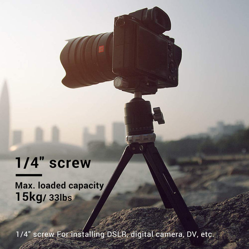 Pergear MT-02 Mini Tripod with 360° Fluid Rotation Tripod Ball Head, 15kg 33Lbs Payload, CNC Aluminum Alloy, Comes with 3 Fixing Straps for Multi-Angle Shooting, Additional 1/4 inch Screw Holes