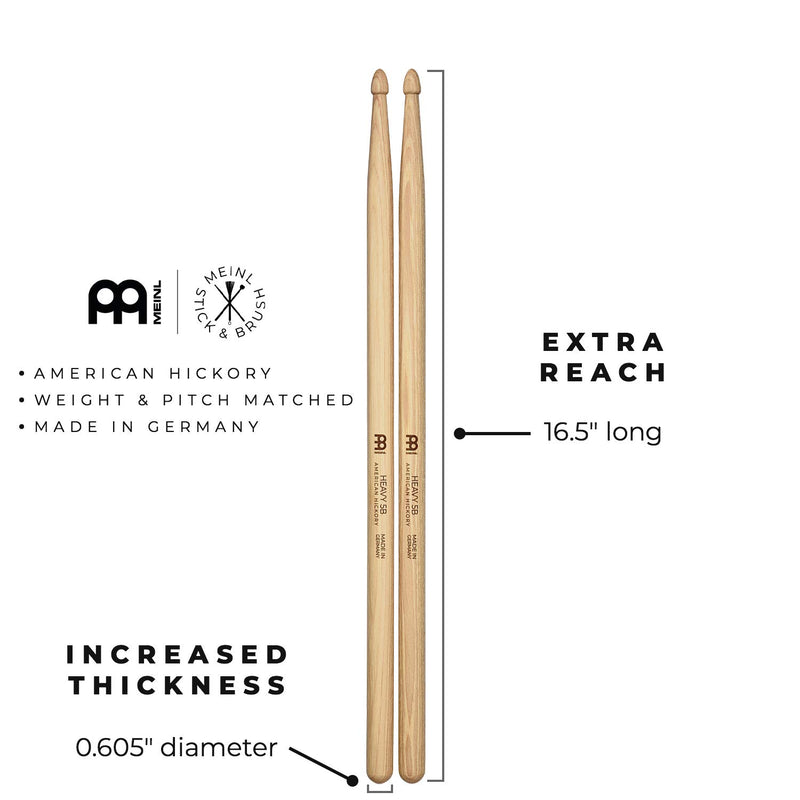 Meinl Stick & Brush Drumsticks, Heavy 5B - American Hickory with Acorn Shape Wood Tip - MADE IN GERMANY (SB109) Single Pair